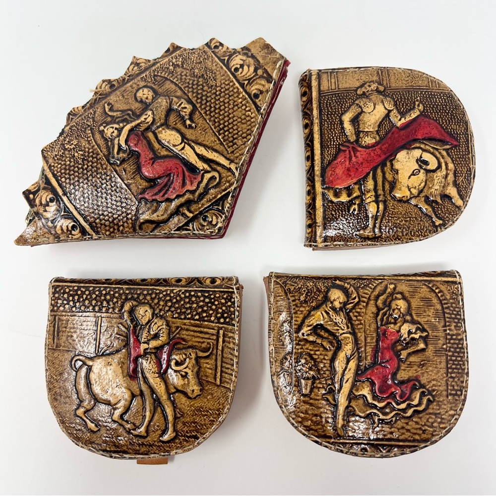 Vintage Spanish Leather Coin Purses Set of 4 Bullfighter & Flamenco Designs 1950